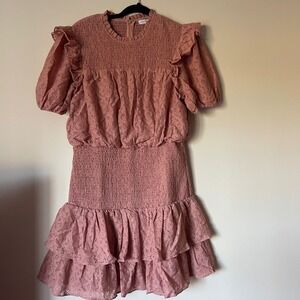 NWT Endless Rose Smocked Ruffle Dress Dusty Rose Lace Tiered Midi Size L